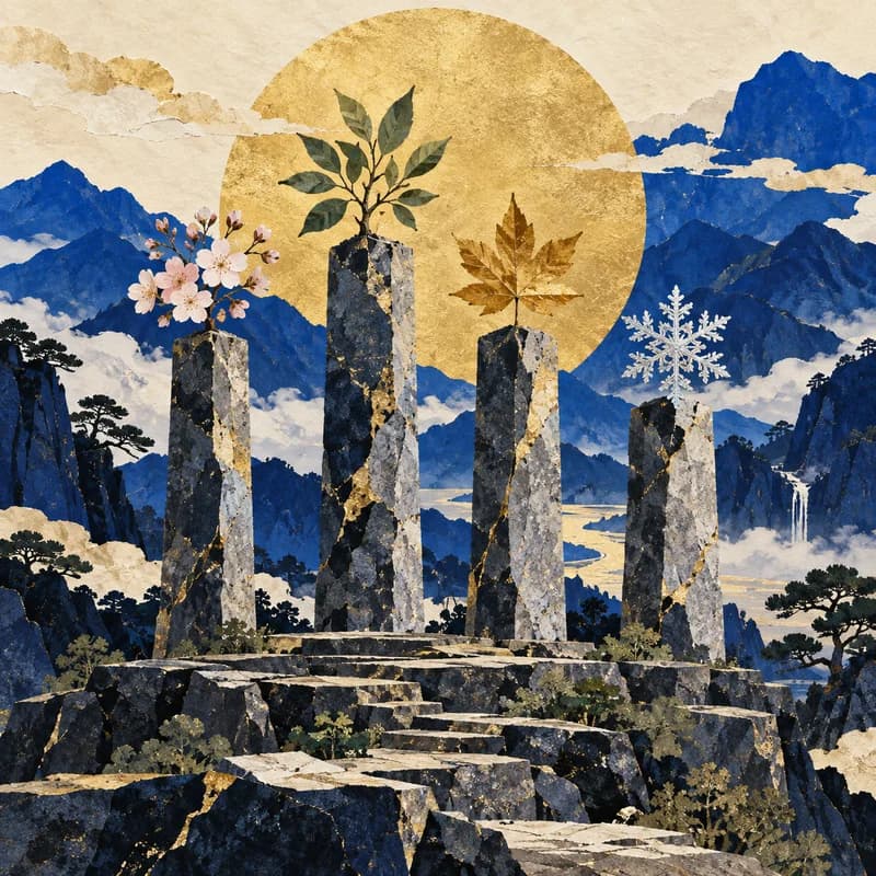 四季を象徴する四本の柱と山並みのイラスト