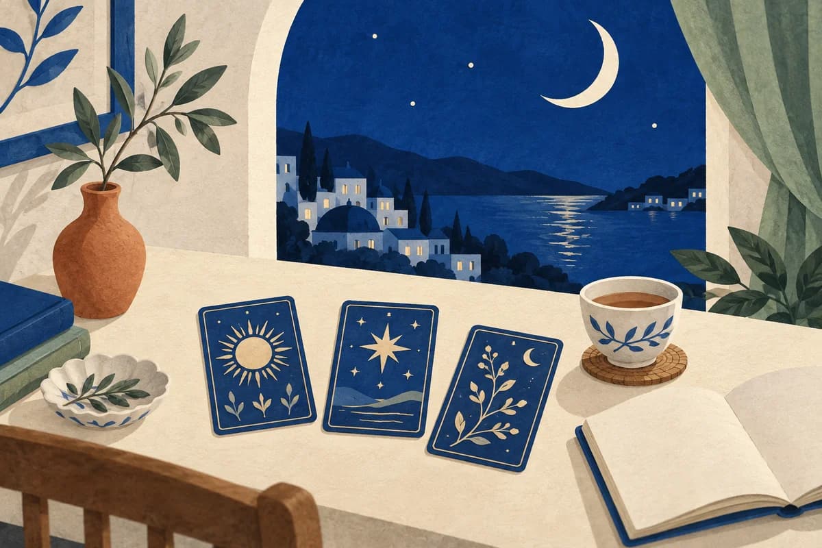 月明かりの窓辺に、星と太陽のカードを並べた占いの机のイラスト