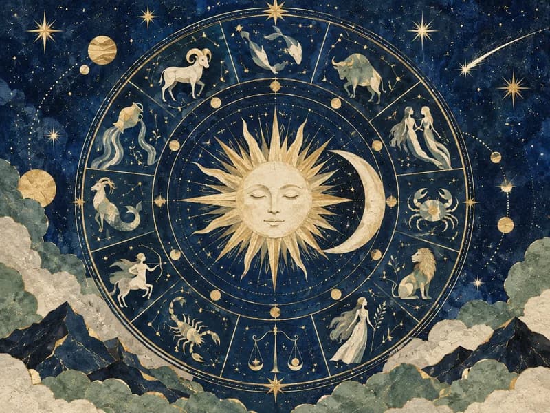 太陽と月を囲む十二星座の天球図のイメージ